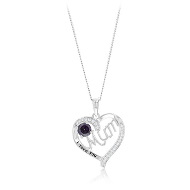 Sterling Silver Purple CZ 'Mum' Heart Pendant