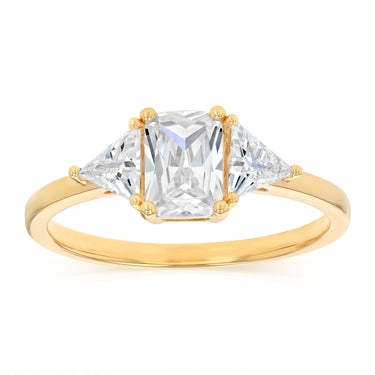 Sterling Silver Gold Plated Emerald and Trillion Cut Cubic Zirconia Ring