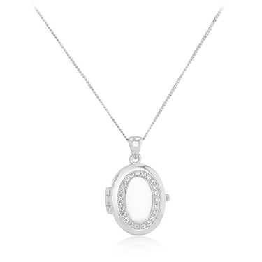 Engravable Cubic Zirconia Oval Locket Pendant in Sterling Silver
