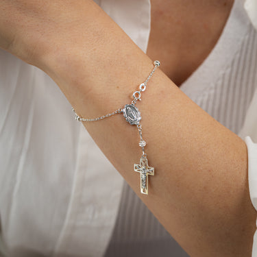 Sterling Silver Miraculous Medal and Crucifix Rosary Bracelet