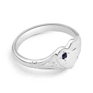 Sterling Silver Natural Sapphire Signet Heart Ring Size H