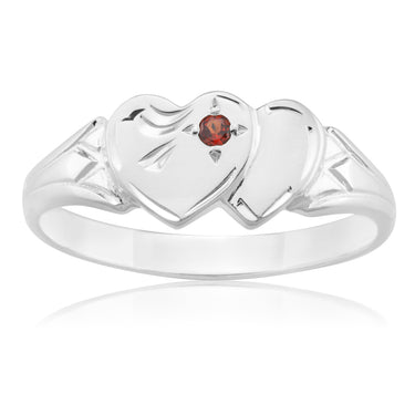 Sterling Silver Garnet 2Heart Signet Ring Size H