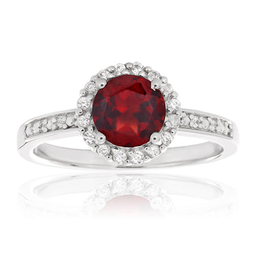 Sterling Silver Rhodium Plated Garnet + White Zircon Ring