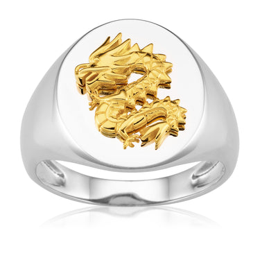 Sterling Silver Gold Plated Dragon Gents Signet Ring