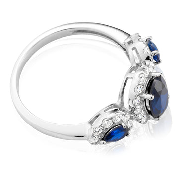 Sterling Silver Rhodium Plated Created Sapphire and Cubic Zirconia Trio Ring