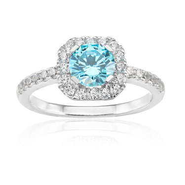 Sterling Silver Rhodium Plated Light Blue Zirconia Asscher Cut Halo Ring