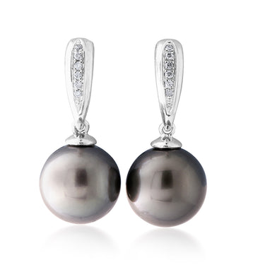 9ct White Gold Tahitian Pearl & Diamond  Drop Earrings