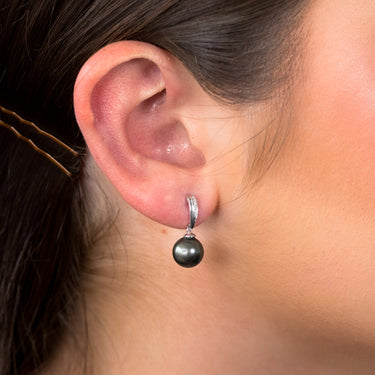 9ct White Gold Tahitian Pearl & Diamond  Drop Earrings