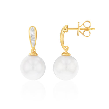 Pacific' 9ct Yellow Gold White South Sea Pearl & Diamond Drop Earrings