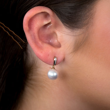 Pacific' 9ct Yellow Gold White South Sea Pearl & Diamond Drop Earrings
