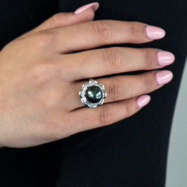 Sterling Silver Tahitian Pearl & Zirconia Ring