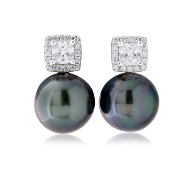 Sterling Silver Tahitian Pearl & Zirconia Studs