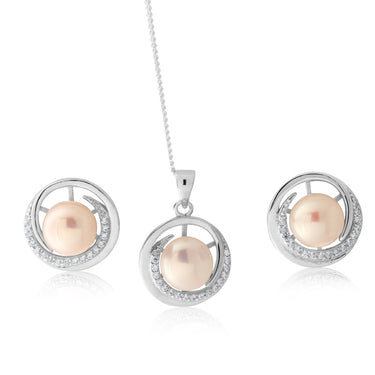 Freshwater Pearl and Ziconia Earrings and Pendant Gift Boxed Set. Includes Chain.