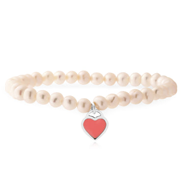 5-5.5mm White Freshwater Pearl Stretch Bracelet with Sterling Silver Pink Heart