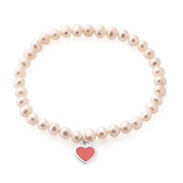5-5.5mm White Freshwater Pearl Stretch Bracelet with Sterling Silver Pink Heart