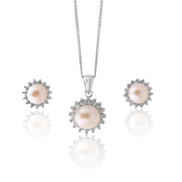 Sterling Silver Freshwater Pearl & Zirconia Pendant & Earring Set With 45cm Chain