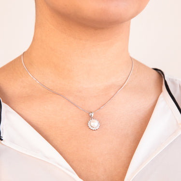 Sterling Silver Freshwater Pearl & Zirconia Pendant & Earring Set With 45cm Chain