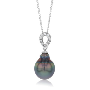 Sterling Silver Tahitian Pearl & Zirconia Pendant with 45cm Chain