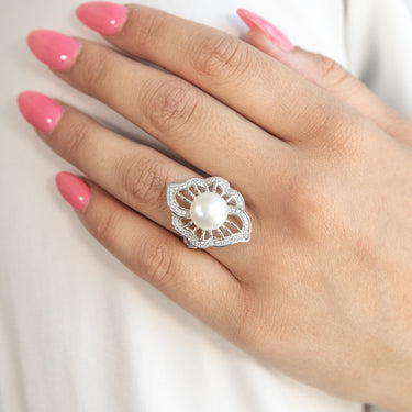Sterling Silver Freshwater Pearl and White Zircon Fancy Ring