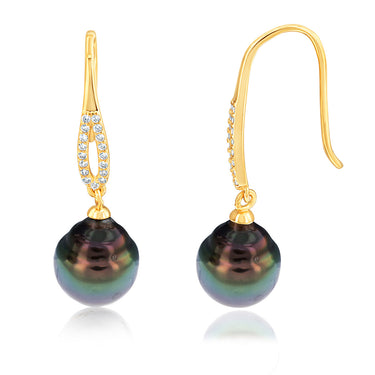 Sterling Silver Gold Plated Tahitian Pearl & Zirconia Drop Earrings