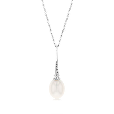 Sterling Silver Rhodium Plated 9-9.5mm Oval Fresh Water Pearl Pendant On Chain