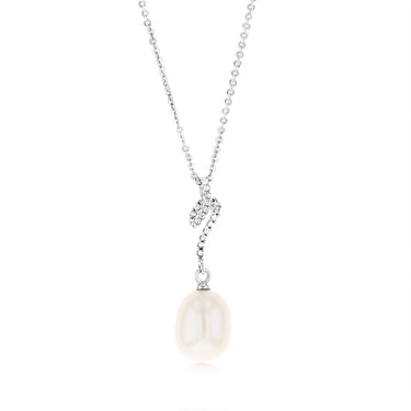 Sterling Silver Rhodium Plated 8.5-9mm Fresh Water Drop Pearl & Zirconia Pendant On Chain