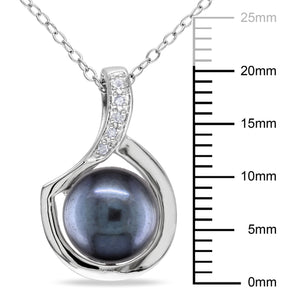 9-10 mm Black Pearl and Diamond Necklace in Silver - 7500499451
