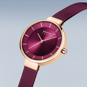 Bering Solar 31mm Rose Gold Purple Milanese Strap Watch