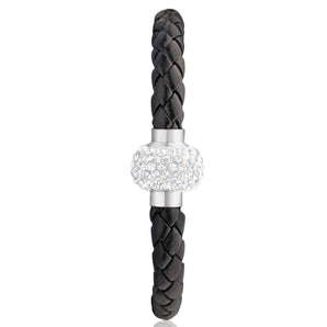 Stainless Steel Crystal Magnetic Black Leather Fancy Bracelet
