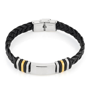 Stainless Steel Black Leather Gold Plated Gents Bracelet
