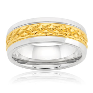 8mm Stainless Steel and Gold Plated Patterned Gents Ring