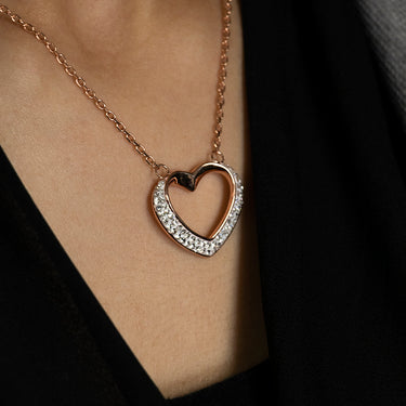Stainless Steel Rose Gold Plated Crystal Open Heart Pendant with Chain