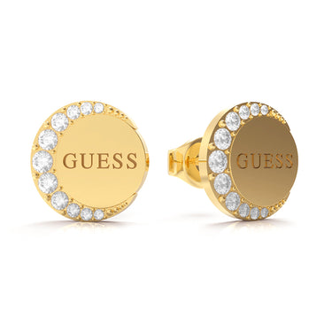 Guess Gold Plated Stainless Steel 10mm Coin Pave Stud Earrings