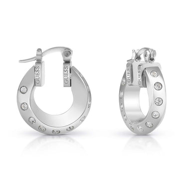 Guess Rhodium Plated Stainless Steel 18mm Twisted Hoop And CZ Earrings