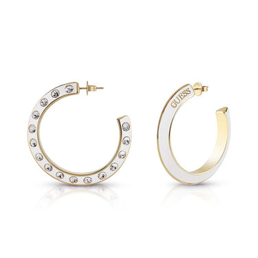 Guess Gold Plated Stainless Steel 30mm Medium White Hoop Earrings