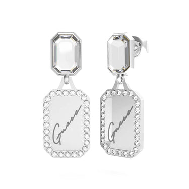 Guess Rhodium Plated Stainless Steel 28mm Prndant Tag & Crystal Earrings