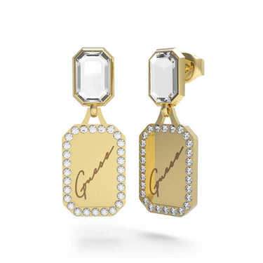 Guess Gold Plated Stainless Steel 28mm Pendant Tag & Crystal Earrings