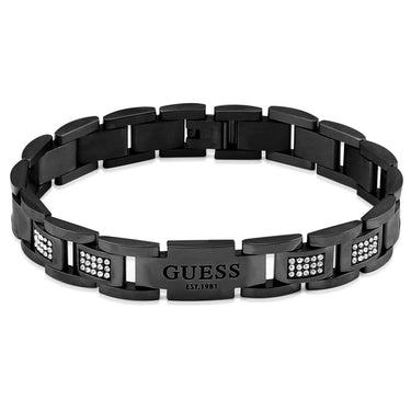 Guess Mens Jewellery Gunmetal Plated White Cubic Zirconia 12mm Flat Chain Bracelet