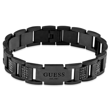 Guess Mens Jewellery Gunmetal Plated Black Cubic Zirconia 15mm Flat Chain Bracelet