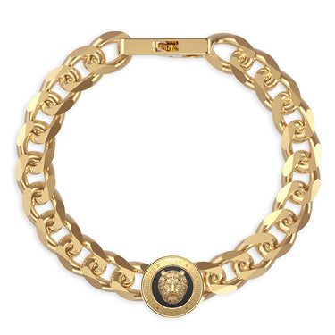 Guess Mens Jewellery Gold Plated 14mm Black And Gold Lion Coin Bracelet