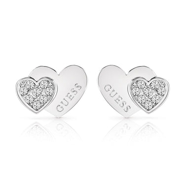 Guess Stainless Steel Double Heart Pave Stud Earrings