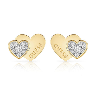 Guess Yellow Gold Plated Double Heart Pave Stud Earrings