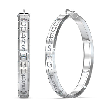 Guess Rhodium Plated Stainless Steel 55mm Logo Round Hoop Earrings