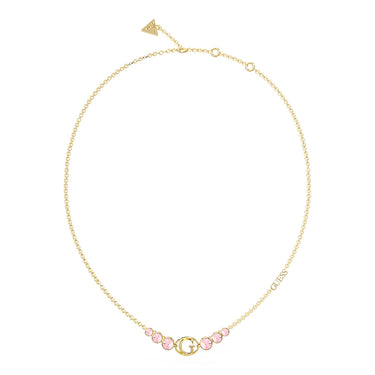 Guess Stainless Steel Gold Plated "G" Logo Rose Stone Pendant On 16-18" Chain
