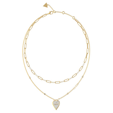 Guess Stainless Steel Gold Plated Pave Heart 16-18" Double Chain