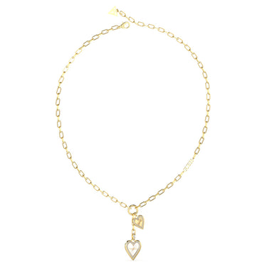 Guess Stainless Steel Gold Plated Double Heart Pendant On Paperlink 16-18" Chain