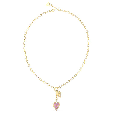 Guess Stainless Steel Gold Plated Pink Double Heart Pendant On 16-18 Chain