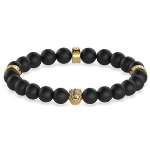 Guess Mens Jewellery Stainless Steel Gold Plated 12mm Lion Black Beads Bracelet