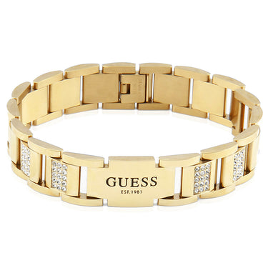 Guess Mens Jewellery Stainless Steel Gold Plated 15mm Flat Chain White CZ Bracelet