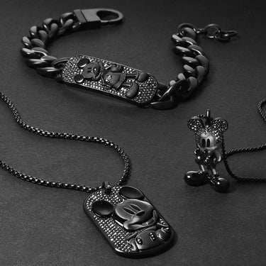 Disney Mickey Mouse Black Tone Stainless Steel Plaque ID Bracelet 100th Disney Anniversary